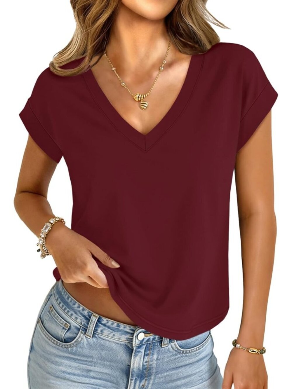 Women's Burgundy V Neck Cap Sleeve Summer Basic Loose Fit Pull On Crop Tops